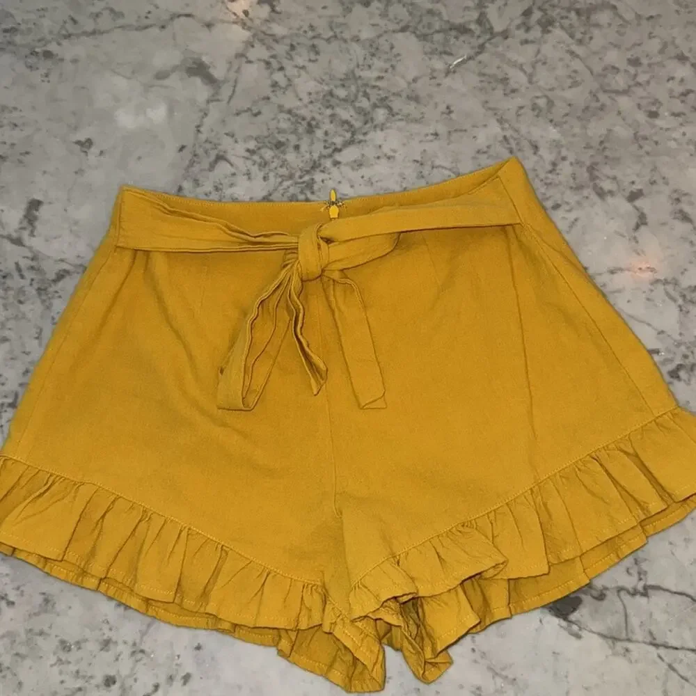 MinkPink Mustard Yellow Women's Camille Tie Front Frill Short Small